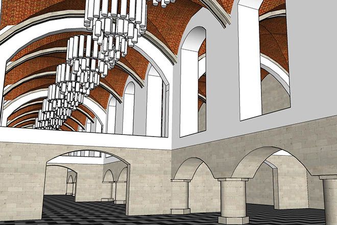 Impressie van de akoestische kroonluchters in de universiteitszaal